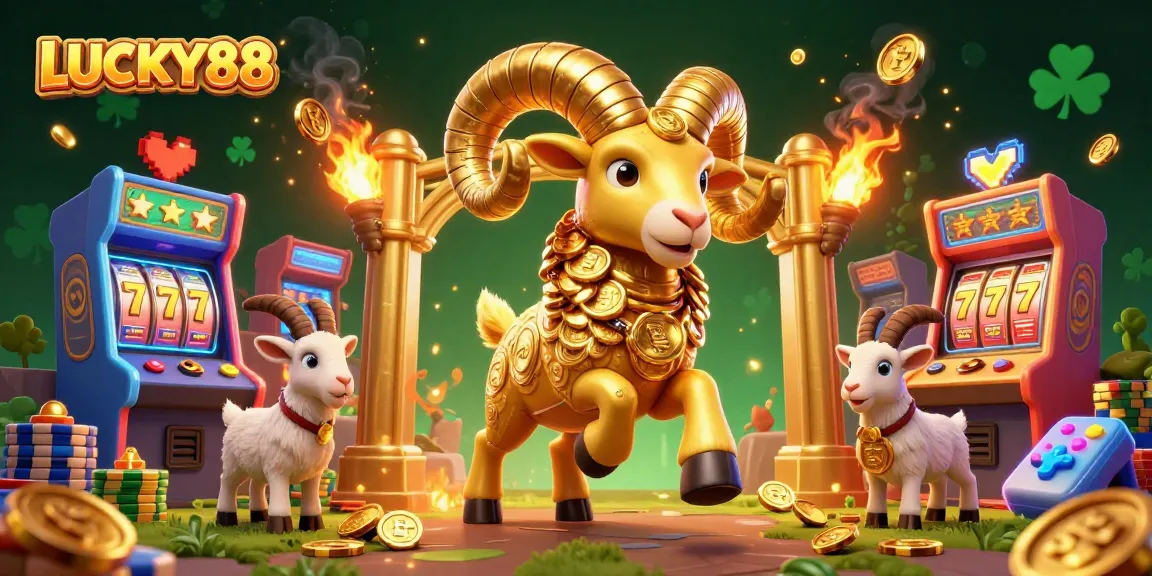 LUCKY88 invades with vibrant slot machines, golden ram, and classic gaming aesthetics.