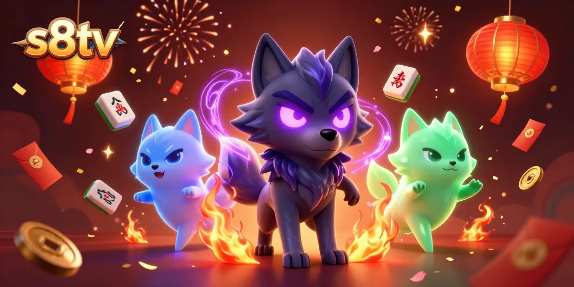 S8tv live casino experience featuring ghostly wolves surrounded by festive gambling elements including mahjong tiles and lucky envelopes.