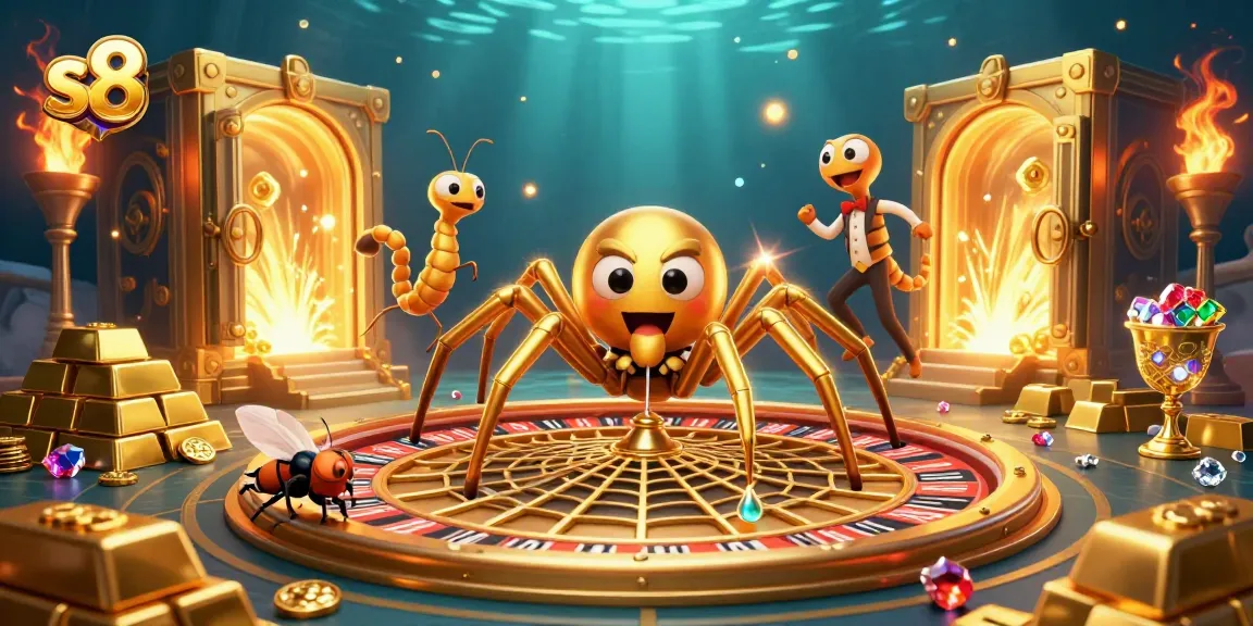 Experience excitement at s8 with a golden gambling scene filled with treasures, games, and energetic characters.