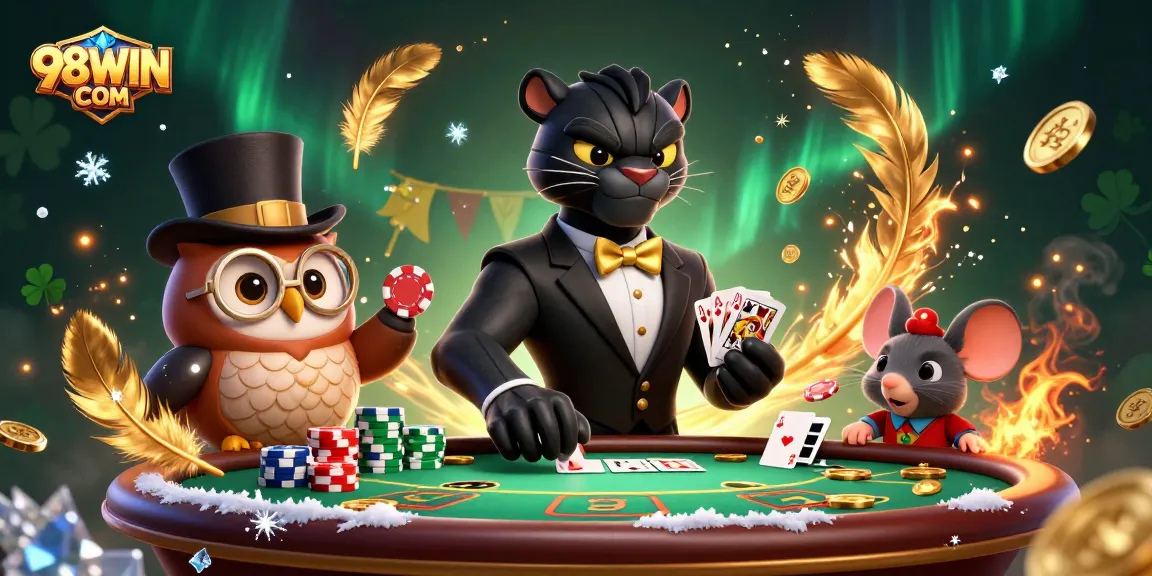 This vibrant scene illustrates 98WIN COM cards in action, showcasing strategically dealt poker by a panther and an owl with chips.