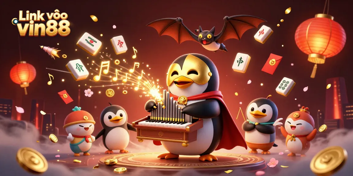 Catch the thrilling action at Link vào vin88 with a vibrant casino-themed illustration featuring dynamic characters.