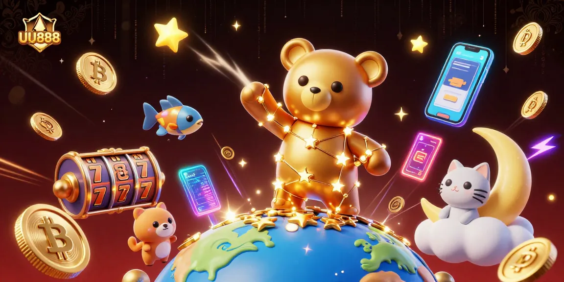 Win big at UU888 with a dazzling illustration of a fortune-collecting constellation bear and vibrant casino elements.