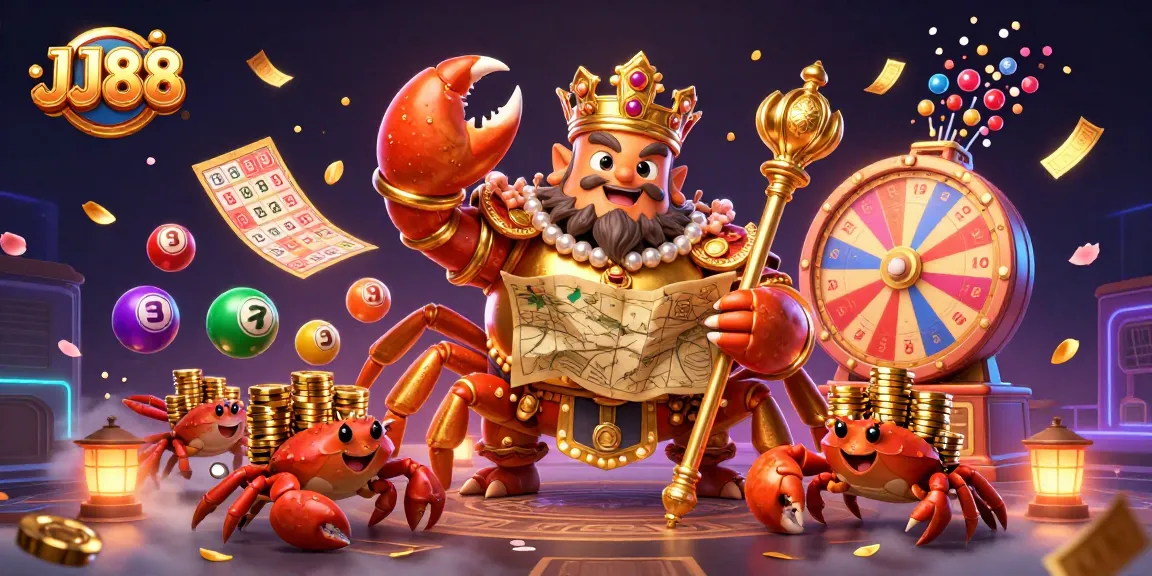 Engage with the lively gaming scene of JJ88, featuring dynamic lottery elements and a golden crab emperor.