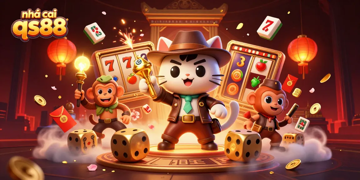 Experience the thrill of nhà cái qs88 as our brave archaeologist cat uncovers casino treasures amidst vibrant game elements.