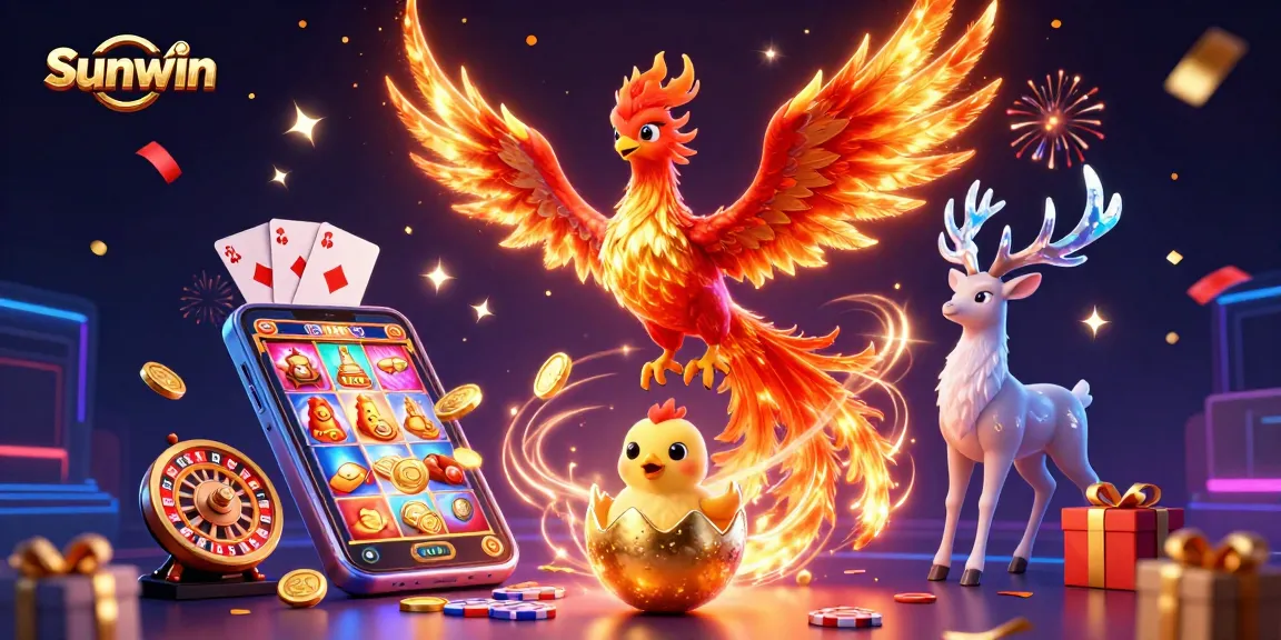 Sunwin players enjoy thrilling spins with vibrant slot reels amid a mythical scene featuring a phoenix and stag.