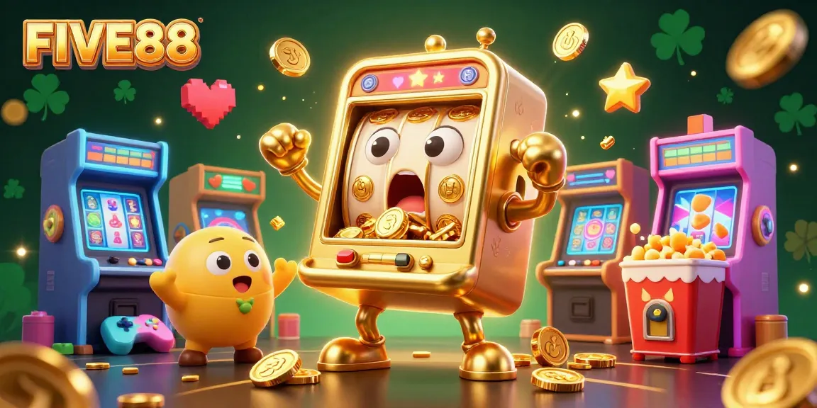 FIVE88 showcases a vibrant casino scene with slot machines cheering as coins spill, ensuring engaging gameplay.