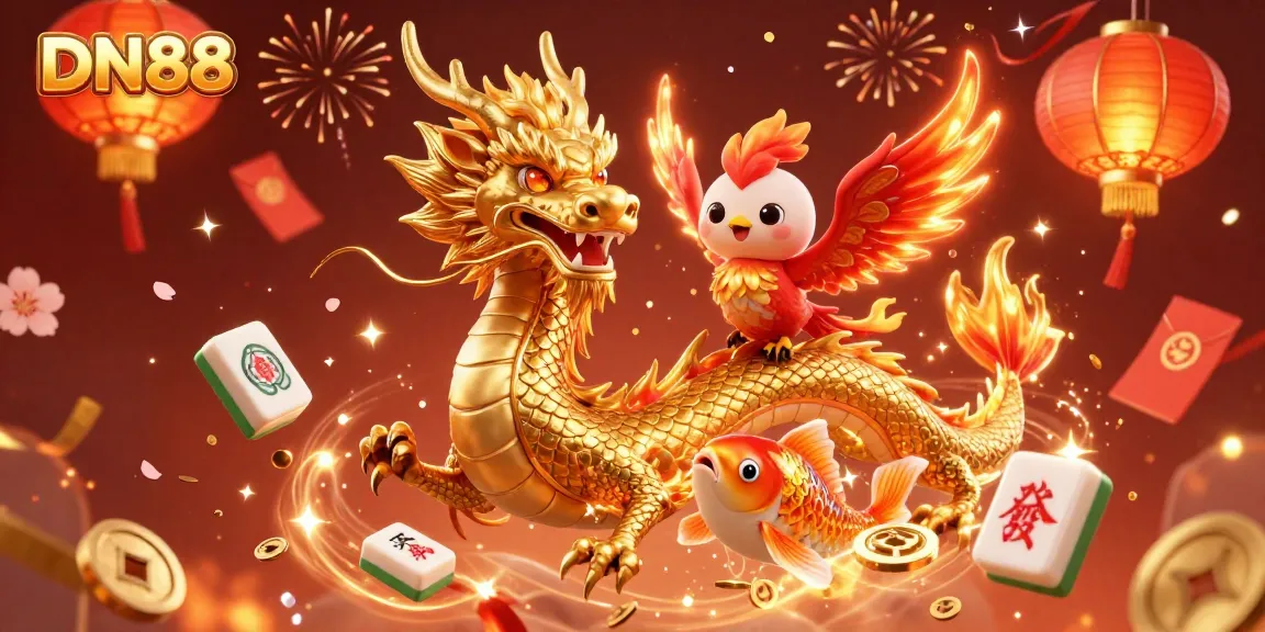 Experience the vibrant excitement of DN88 with a dynamic scene featuring a golden dragon, phoenix, and koi fish amidst a shower of coins.