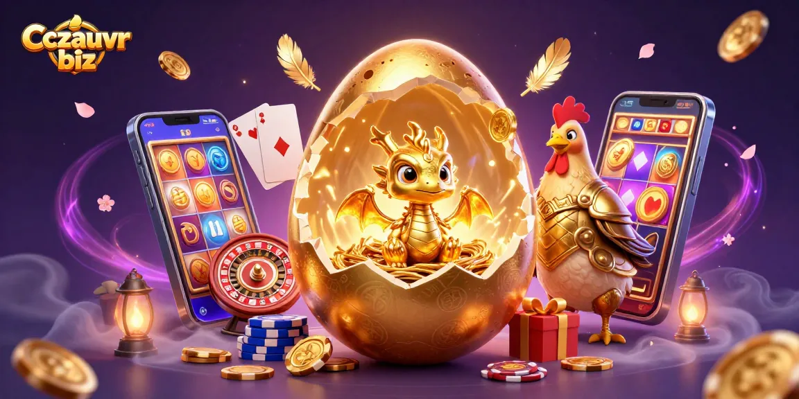 Czcauvr biz showcases a vibrant scene with a golden baby dragon on poker chips amidst dazzling slot game action.