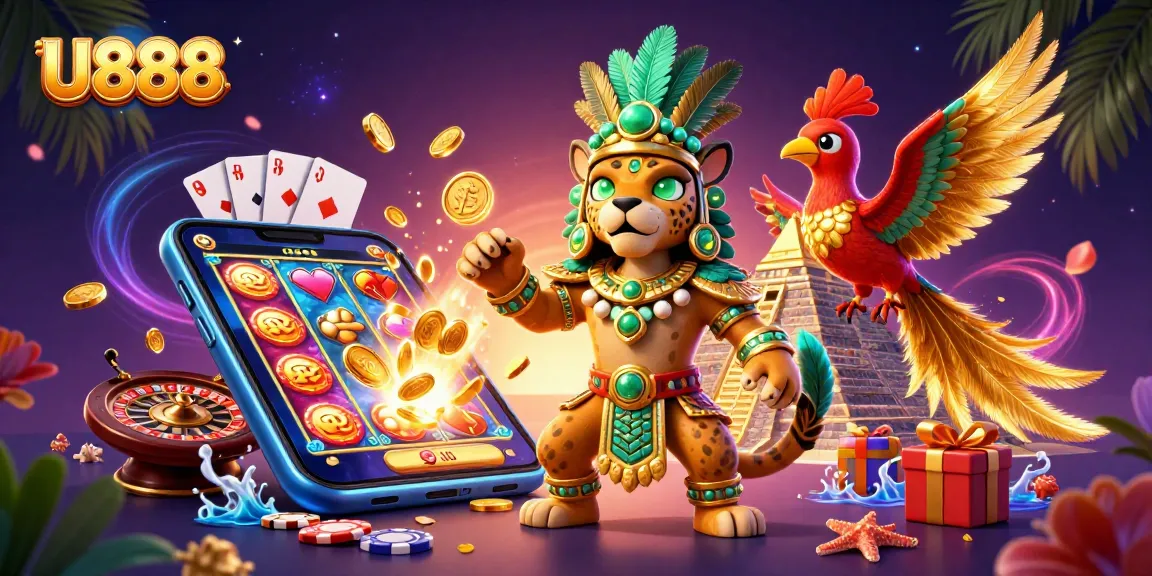 Experience U888's thrilling energy with a Mayan jaguar priest and colorful gaming elements in a vibrant casino setting.