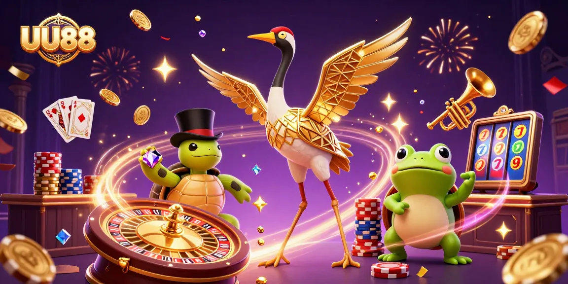 Spin the winning reels at UU88 with a vibrant 3D casino illustration showcasing festive elements.