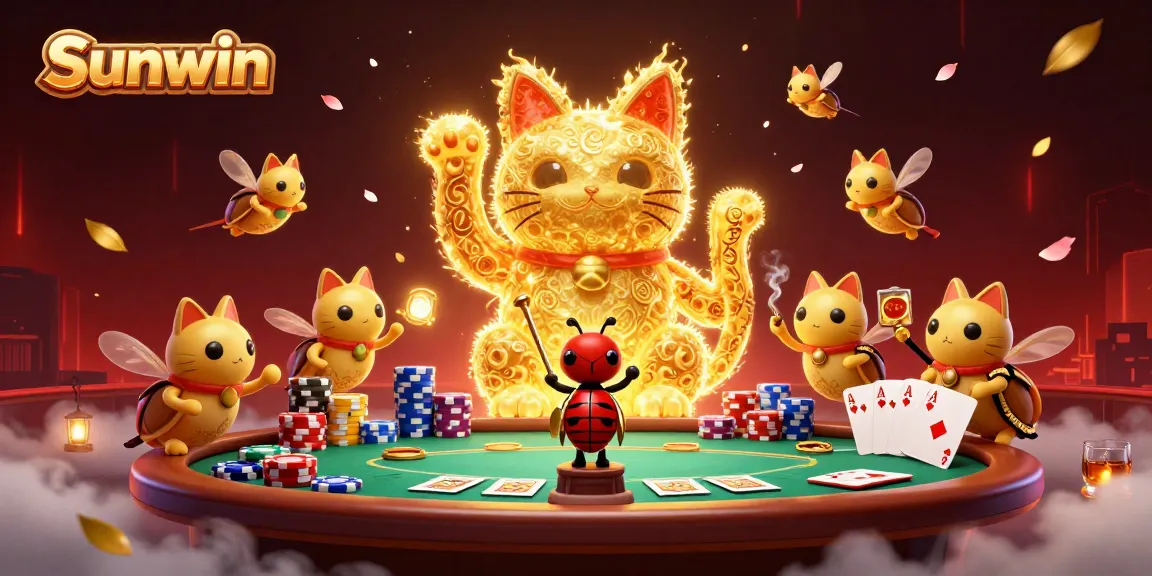 Engage in winning strategies with Sunwin's vibrant casino experience featuring a lucky cat.