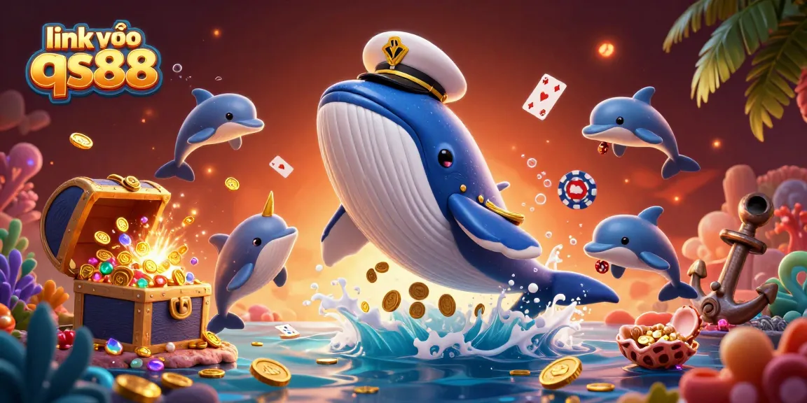 Experience big wins with link vào qs88 as a giant whale breaches through coins, showcasing exciting gameplay.