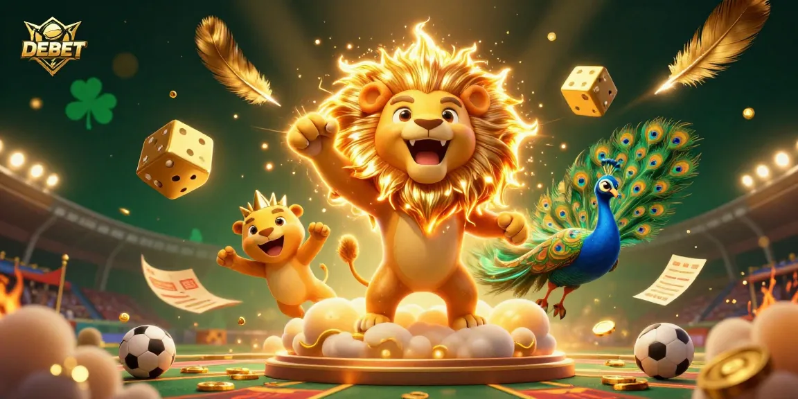 Experience the thrilling DEBET sports betting atmosphere with a triumphant lion and golden dice.
