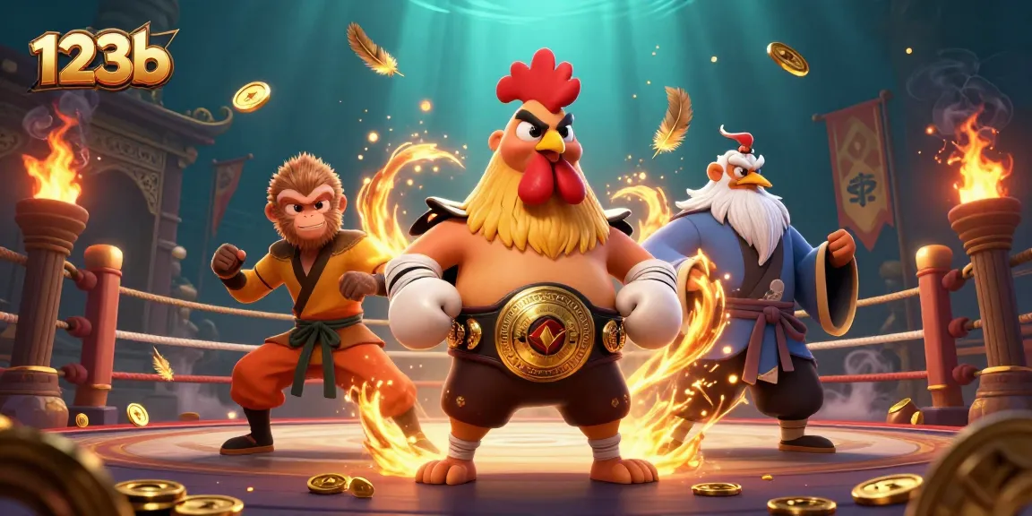 Experience epic battles in 123b with a cartoon Muay Thai rooster and Shaolin monkey masters