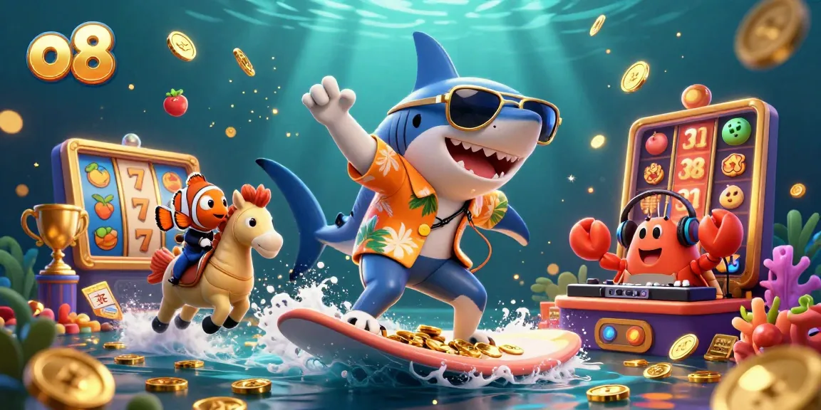 Win big at o8 with a vibrant 3D illustration of a shark surfing gold coins, showcasing dynamic slot game elements.