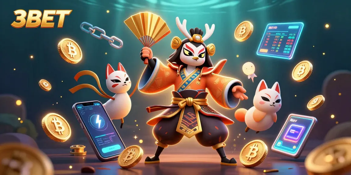 Experience thrilling gameplay with 3BET as kabuki warriors duel amidst vibrant crypto casino elements.
