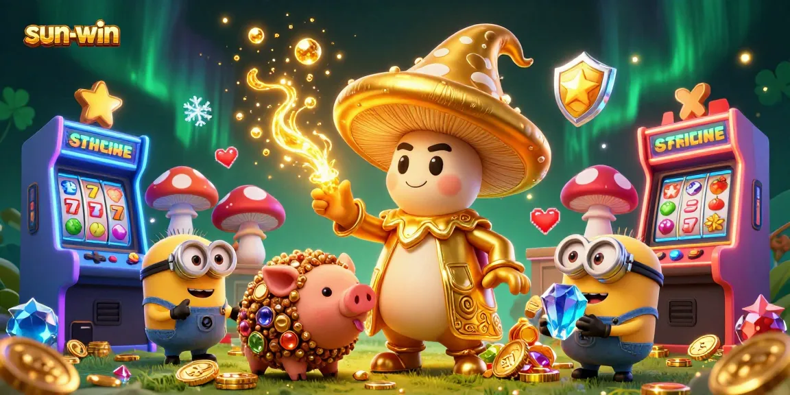 Engage in winning fun with sun-win in this vibrant online casino 3D illustration of games and magic.