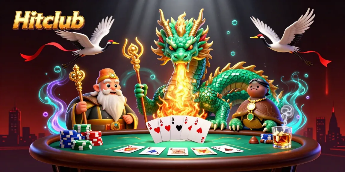 Hitclub players strategizing their poker game with a vibrant dragon and lucky symbols illustrated.