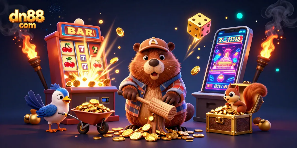 Experience excitement at dn88 com with a lively 3D illustration of casino adventures featuring vibrant characters and gold rain.