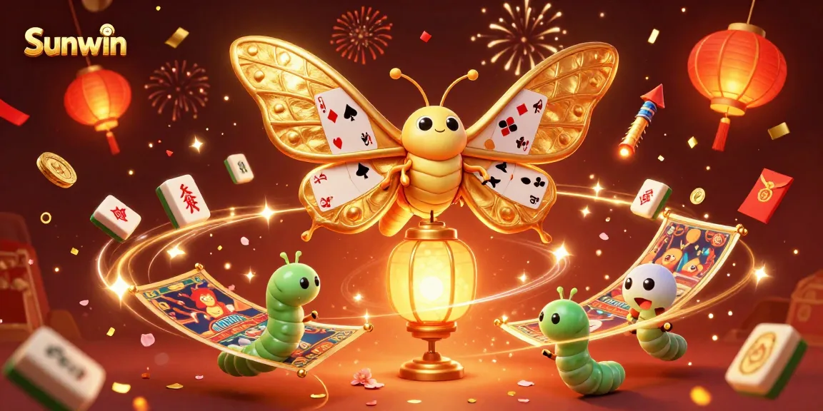 Win big at Sunwin with an epic casino scene featuring a golden moth, mahjong tiles, and festive fireworks.