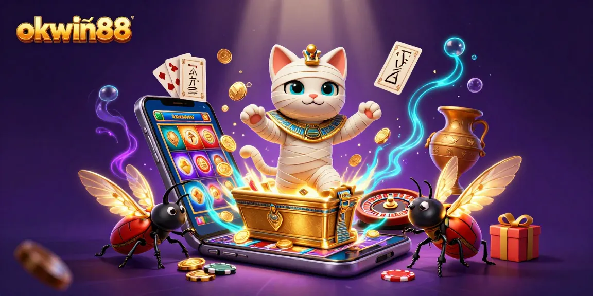 Experience interactive gaming excitement with okwin88 featuring a captivating mummy cat in a vibrant casino scene.