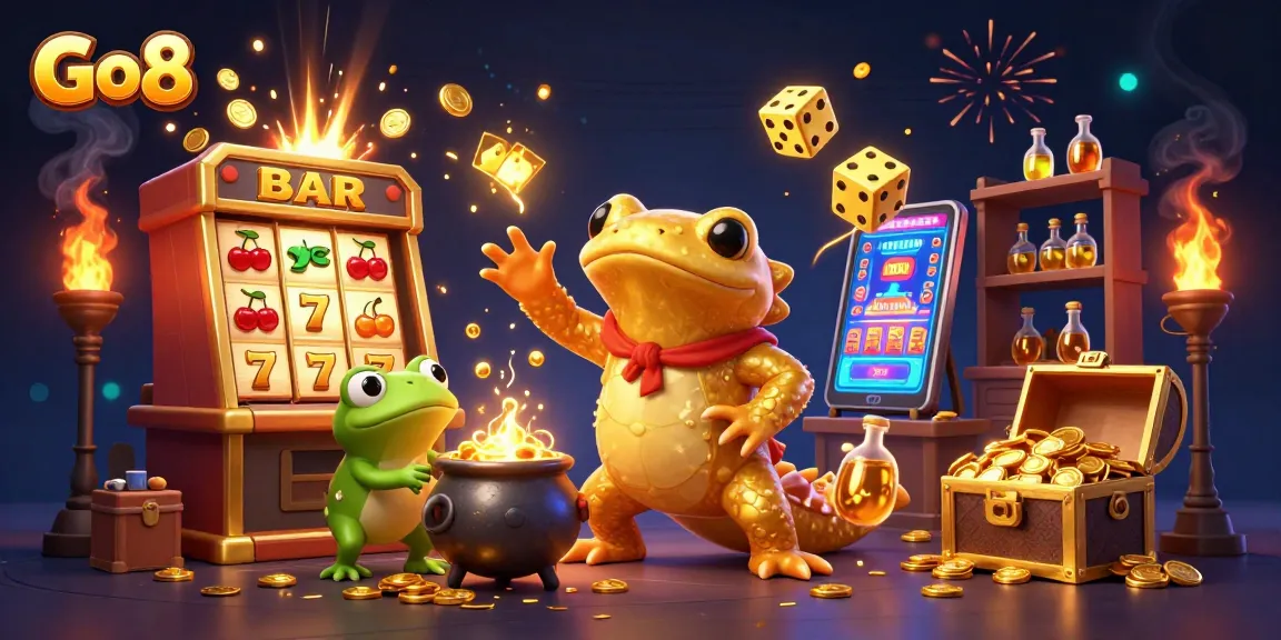 Experience thrilling wins at Go8 with a vibrant 3D casino scene showcasing exciting games and golden riches.