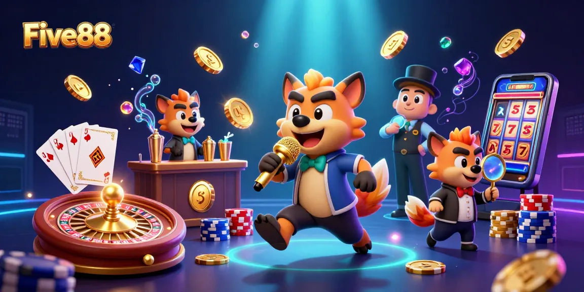 Five88 hyenas perform at a vibrant casino club, mixing drinks and entertainment with gold coins and glowing elements.