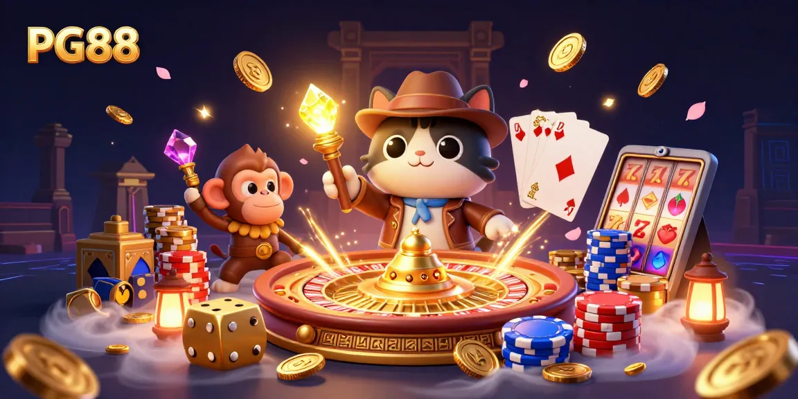 PG88 offers an exciting gambling experience with an explorer cat discovering a golden artifact amidst casino elements.