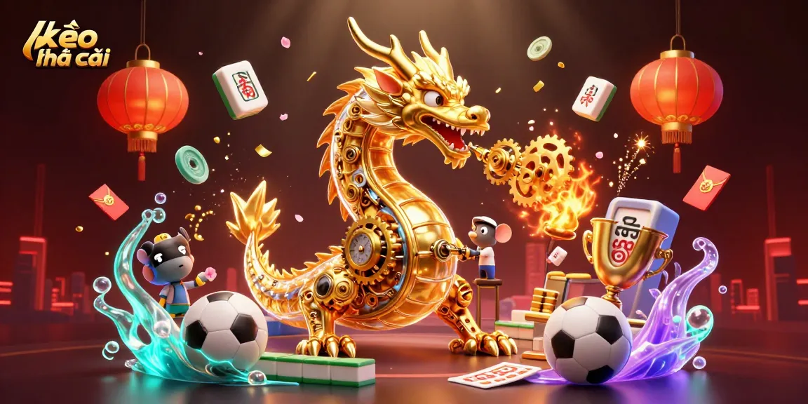 Engage with the dynamic action of kèo nhà cái through the vibrant 3D illustration featuring a golden dragon and various gambling elements.