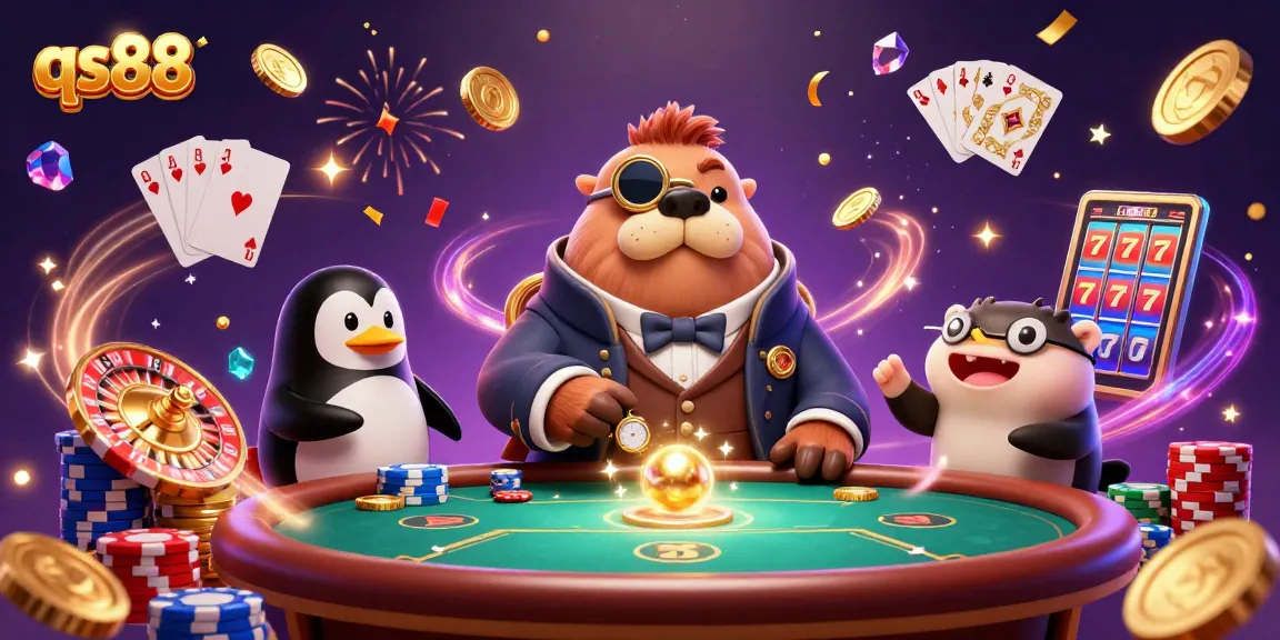 Engage with qs88's vibrant casino thrills at an underwater poker game with whimsical characters.