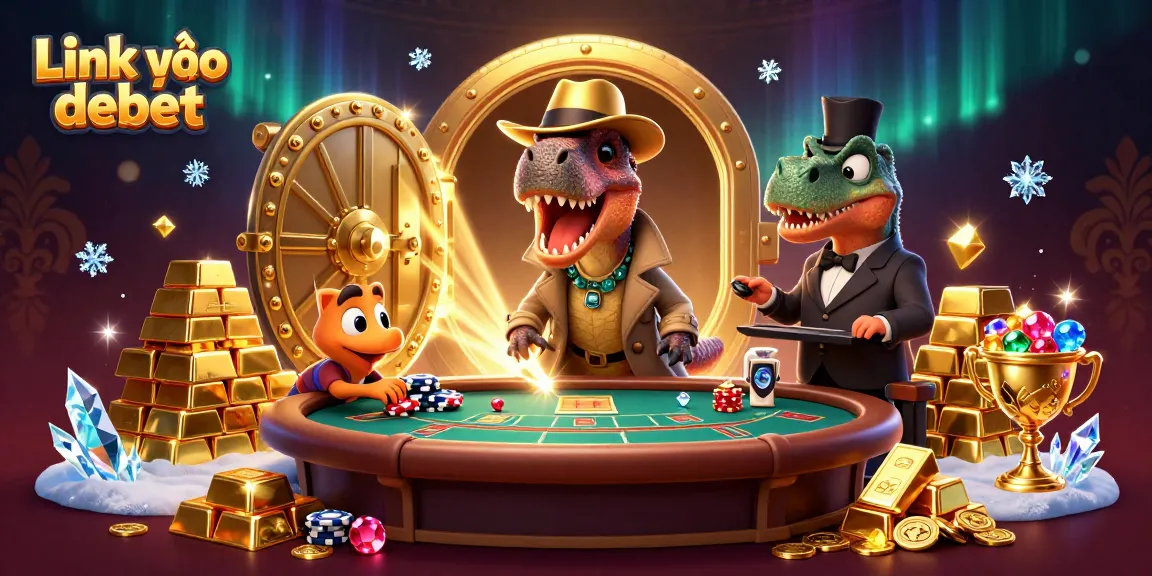 Experience the thrill of gambling at Link vào debet with cartoon characters amidst shining treasures and rich casino elements.