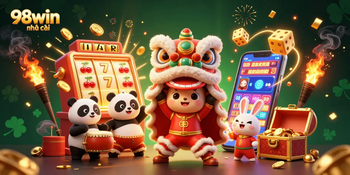 Engage in the thrill of 98win nhà cái with vibrant casino-themed 3D illustration showcasing slot games and festive characters.