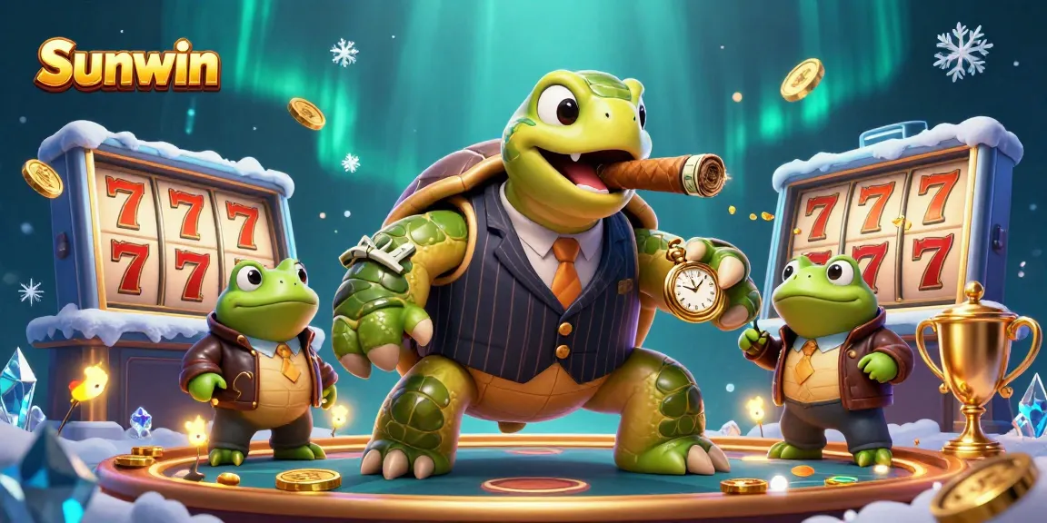 Join the thrilling Sunwin adventure with a vibrant casino scene featuring a stylish turtle mobster and dynamic slot elements.