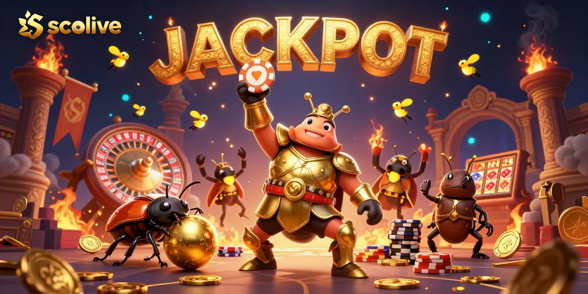 Socolive features a victorious Hercules beetle lifting a poker chip against a vibrant casino backdrop.