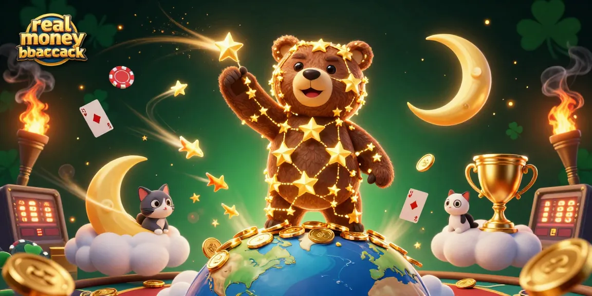 Engage in real money online blackjack with a constellation bear, poker cards, and dynamic gaming elements.