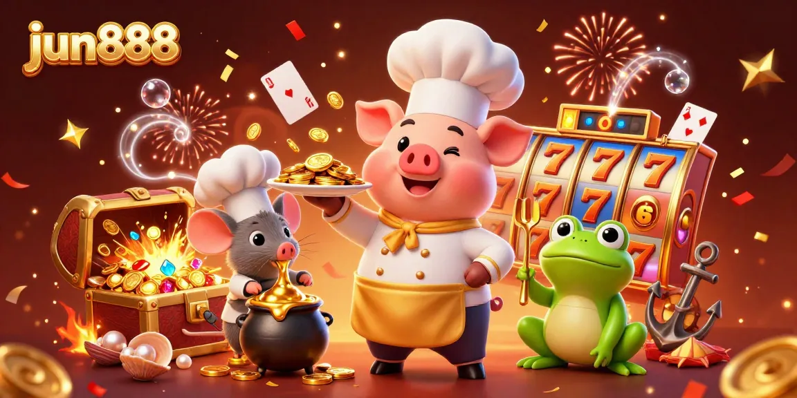 Engage with jun888's thrilling gaming experience, featuring gold coins, vibrant slot reels, and festive characters.