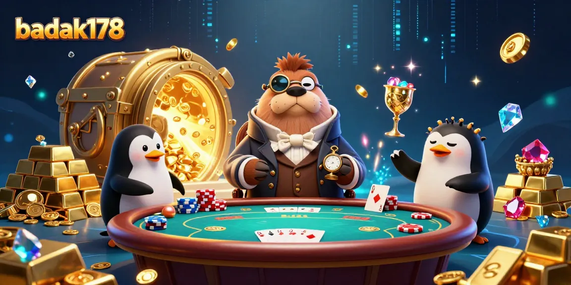 badak178 showcases a vibrant poker scene with a walrus, penguin dealer, and bluffing pufferfish