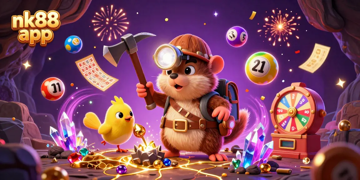 Experience the thrill of gaming with the nk88 app in a vibrant 3D casino illustration featuring lottery and gaming elements.
