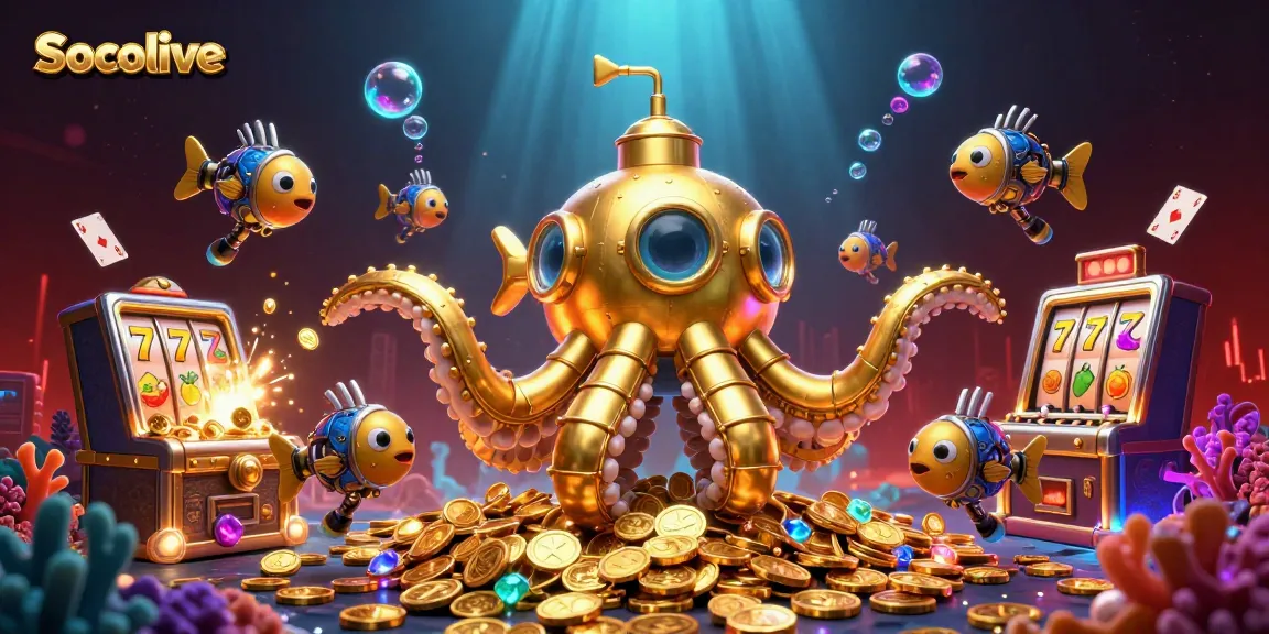 Socolive offers thrilling slot adventures featuring a golden kraken surrounded by shimmering treasures.