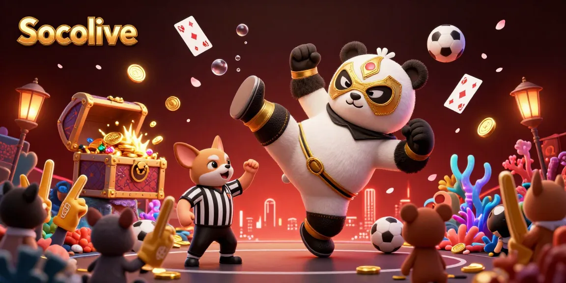Socolive sports betting illustration featuring a panda wrestler and chihuahua referee in action.