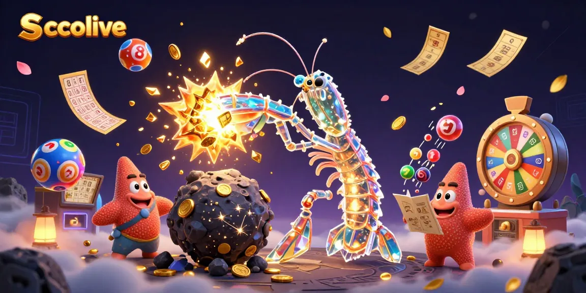 Socolive showcases a vibrant 3D scene of a galactic samurai mantis shrimp bursting through an asteroid into gems, with a thrilling gaming atmosphere.