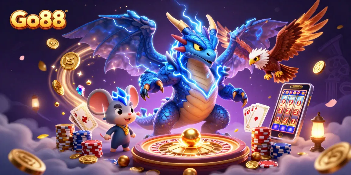 Winning big at Go88 with epic dragon, hawk, and cash treasures swirling around.