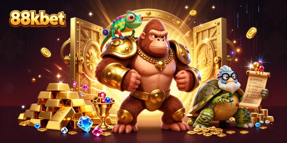 Gamblers join the exciting world of 88kbet amidst treasure, jewels, and vibrant casino elements.
