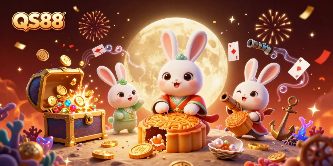 Experience thrilling gameplay in QS88, where animated characters reveal poker chips and treasures amidst a celebratory scene.