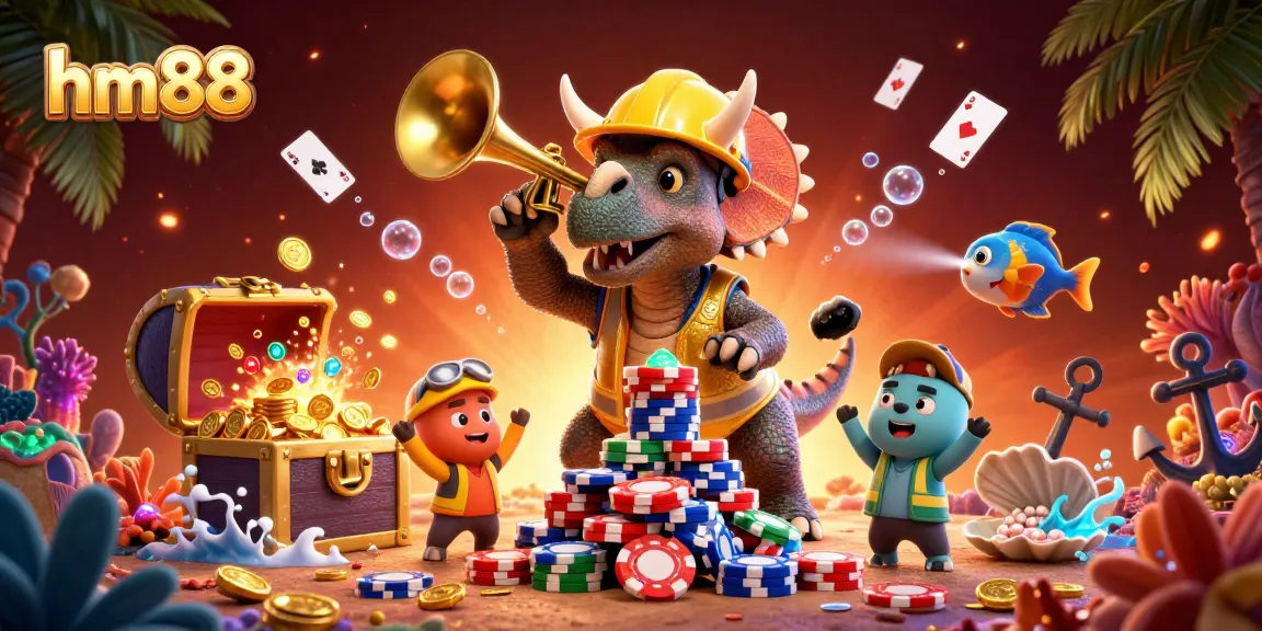 Join the hm88 experience with vibrant casino fun featuring animated dinosaurs celebrating winnings with poker chips.