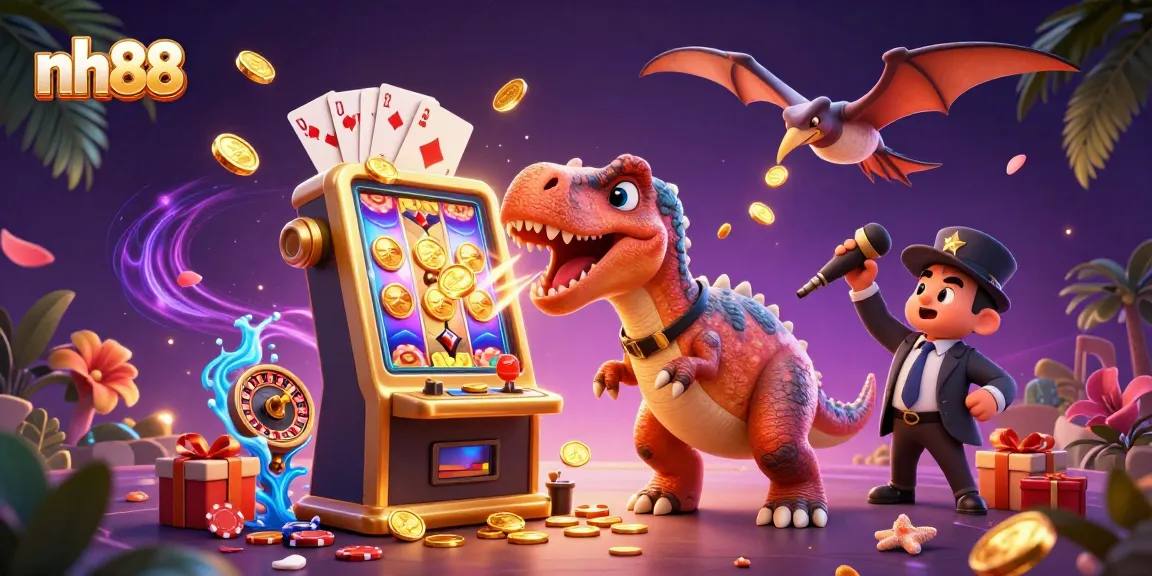 nh88 casino adventure with a dinosaur and a golden slot machine in an exciting gaming scene