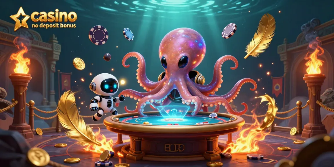 Experience the thrill of casino no deposit bonus with an alien octopus at a cosmic poker table.