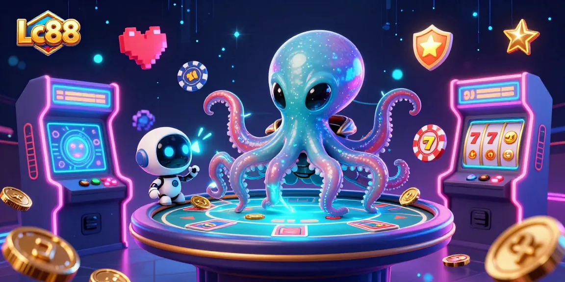 Experience exciting casino action with Lc88 as an alien octopus plays poker surrounded by vibrant gaming elements.