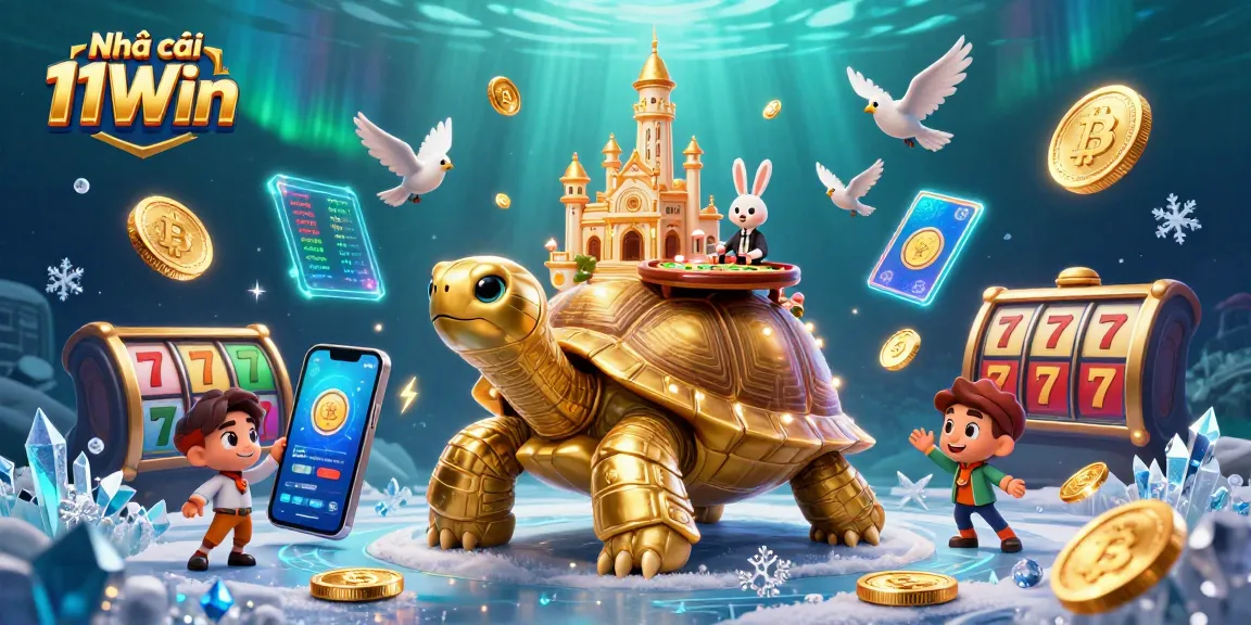 Experience Nhà cái 11Win in a vibrant 3D casino scene with gold coins and a dealer at play.